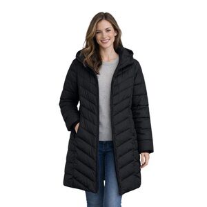 Lands’ End Woman’s Black Long Puffer Coat Hooded Winter Jacket Sz Medium